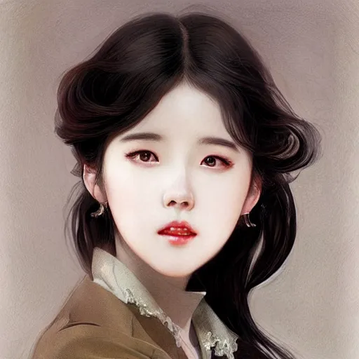 Image similar to IU, Korean Idol, Korean Artist, very detailed, digital art, concept art, studio quality, ethereal, art style by J. C. Leyendecker