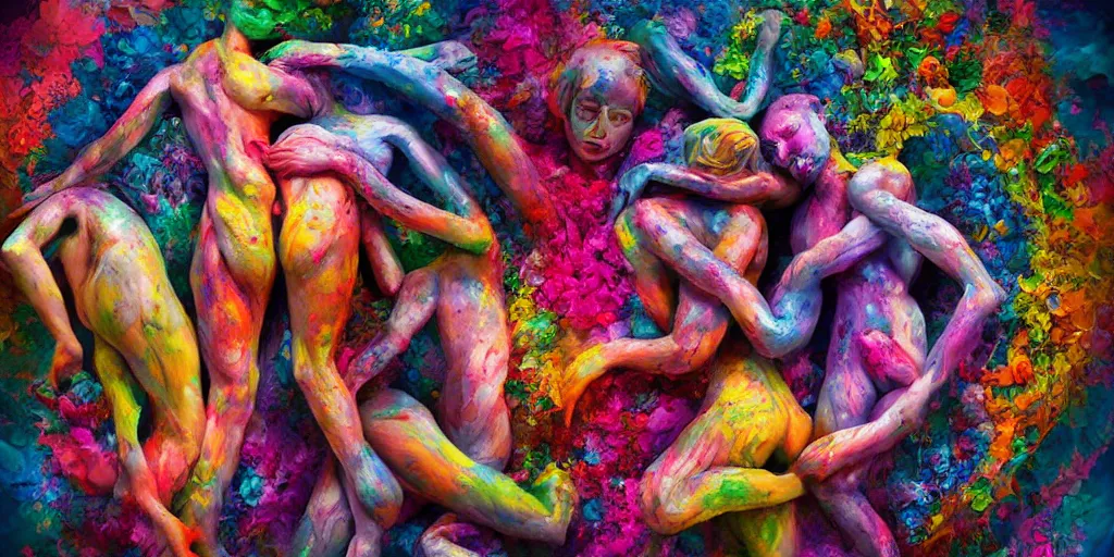 Image similar to surrealist sculpture human bodies intertwined, a lovely cornucopia of flowers and human body parts, body parts, paint pour, swirling paint colors, highly detailed, octane render, cinematic