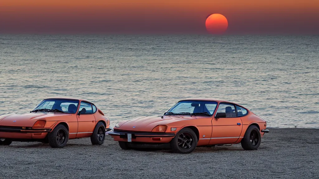 Image similar to synthwave datsun 2 4 0 z at sunset, on the beach, 8 k. filling of the view