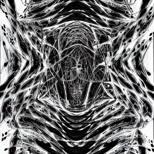 Image similar to abstract black and white concept art graphic painting illustrating kolmogorov complexity, overcomplicated, math inspired, hyper detailed, psychodelic, creepy