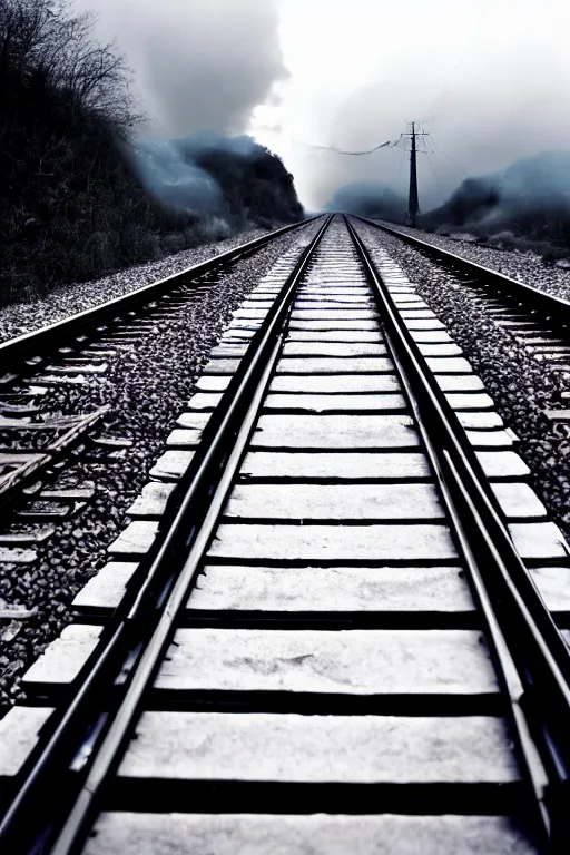 Prompt: shiny metal train track through clouds, award winning cinematic still