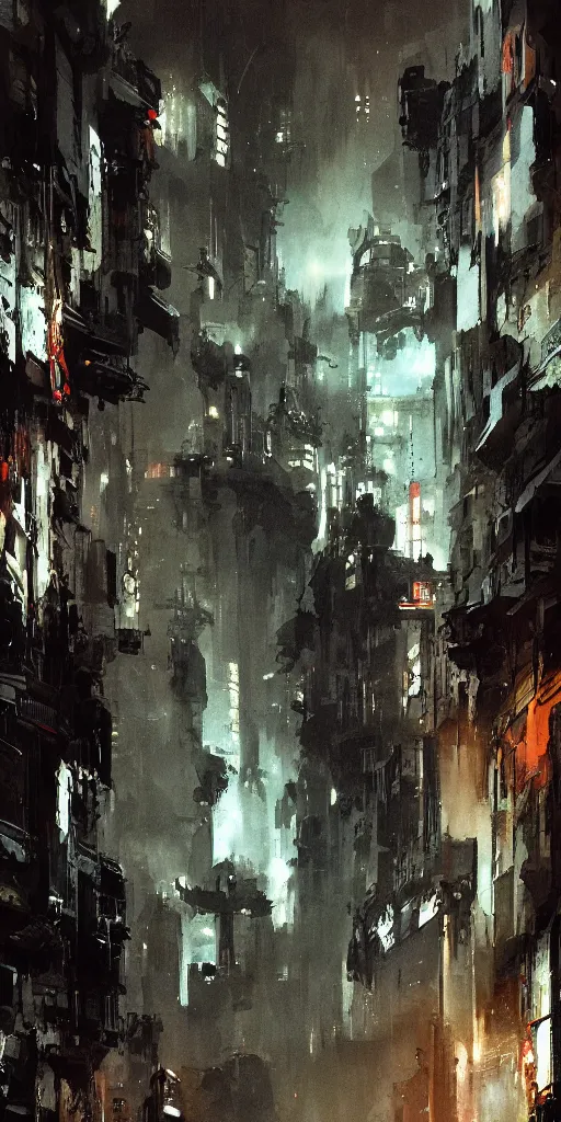 Image similar to the entrance of a stronghold located in the middle of a sci - fi city painted by ashley wood and phil hale, blade runner, masterpiece, award - winning, sharp focus, intricate concept art, ambient lighting, 8 k, artstation, pixiv