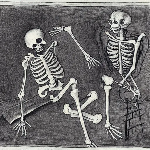 Image similar to a skeleton walking towards a man who is lying on a bed, in the style of Hieronymus Bosch.