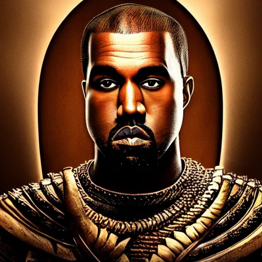 Image similar to Portrait of Kanye West as the god-emperor of mankind, amazing splashscreen artwork, splash art, natural light, elegant, intricate, fantasy, atmospheric lighting, cinematic, matte painting