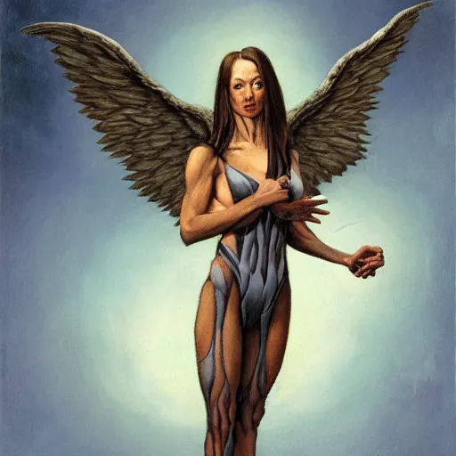 Image similar to portrait of a short woman with long, strong legs, short torso, and wings, by Gerald Brom