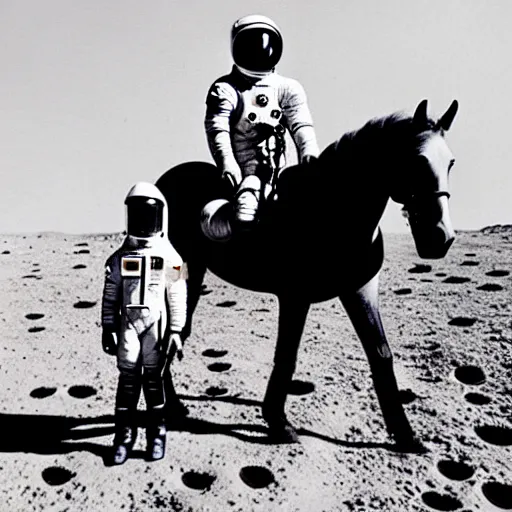 Image similar to old photo of an astronaut on his horse, horse has an astronaut suit too, photo taken on the moon