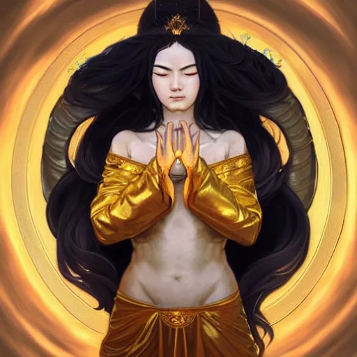 Prompt: The goddess Amaterasu clothed in pure golden light energy, D&D, highly detailed, digital painting, artstation, concept art, sharp focus, illustration, art by artgerm and greg rutkowski and alphonse mucha