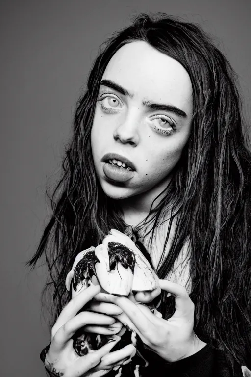 Image similar to black and white photo of Billie eilish with a crustacean crawling out of her mouth