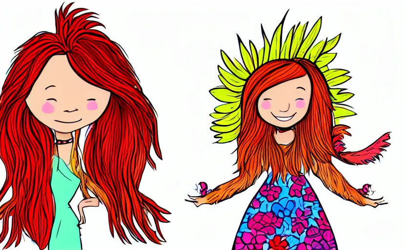 Image similar to little girl with eccentric red hair wearing a dress made of colorful feathers, cartoon art style