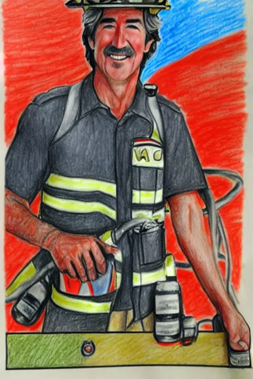 Prompt: a drawing of randy mantooth as a fire fighter by a child, bright colours, detailed