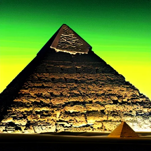 Prompt: a green beam coming out of thethe tip of the great pyramid of giza, sphynx and other pyramids in the background, illustration, digital art, trending on artstation, no signature