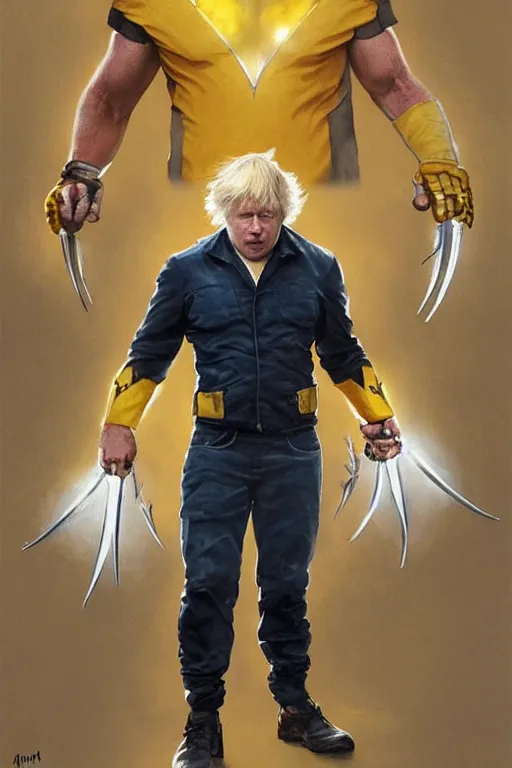 Image similar to Boris Johnson as movie Wolverine, claws are up, yellow X-man costume, Boris Johnson hairstyle, calm, grumpy, portrait, masculine figure, highly detailed, digital painting, artstation, concept art, smooth, sharp focus, illustration, cinematic lighting, art by artgerm and greg rutkowski and alphonse mucha