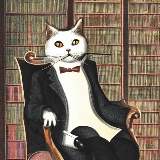 Image similar to a distinguished cat in smoking on armchair with a monocle in a room full of books