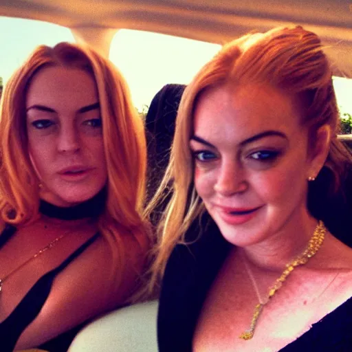 Image similar to Selfie photograph of Lindsay Lohan and Lindsay Lohan, golden hour, 8k,