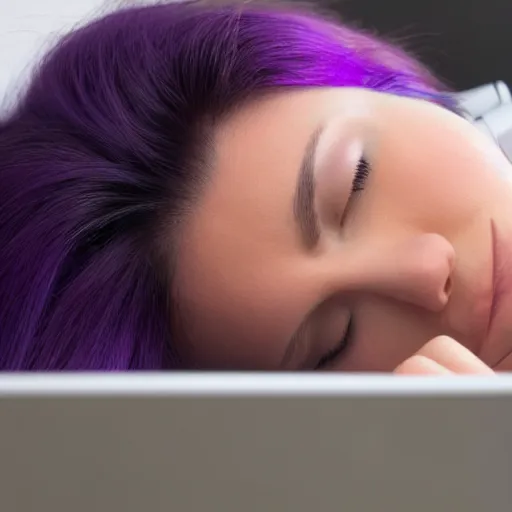 Prompt: beautiful purple - haired female sleeping at computer, wearing headphones, snoring