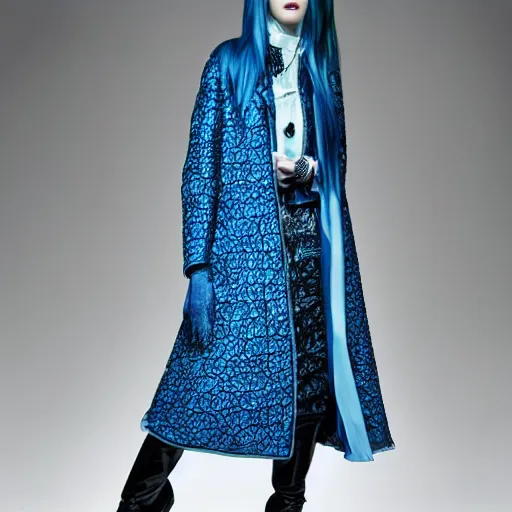 Image similar to fashion 2 0 5 0 fantastic openwork long coat with intricate pattern on a beautiful symmetrical girl with blue hair, hyper realistic photos