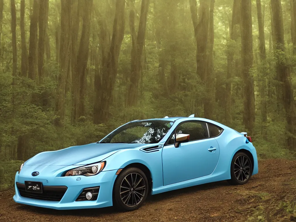 Image similar to subaru brz in a forest by studio ghibli