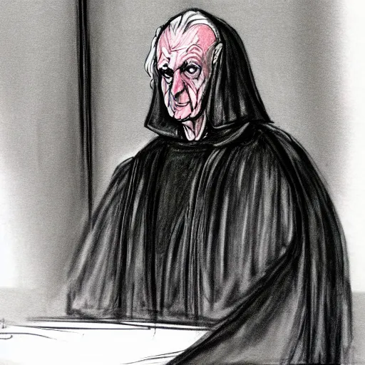 Image similar to courtroom sketch of emperor palpatine on trial