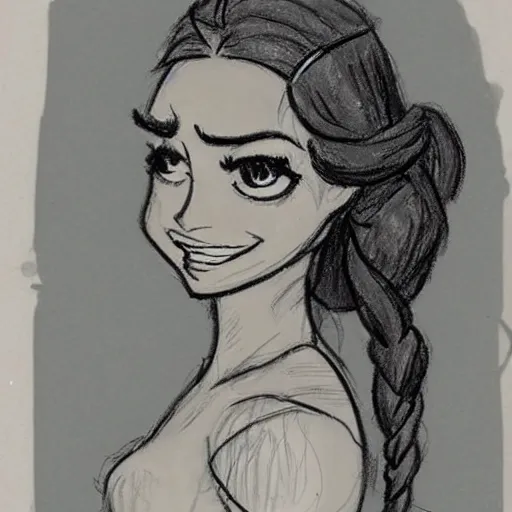 Image similar to milt kahl sketch of vanessa hudgeons with done up hair, tendrils covering face and ponytail as princess padme from star wars episode 3