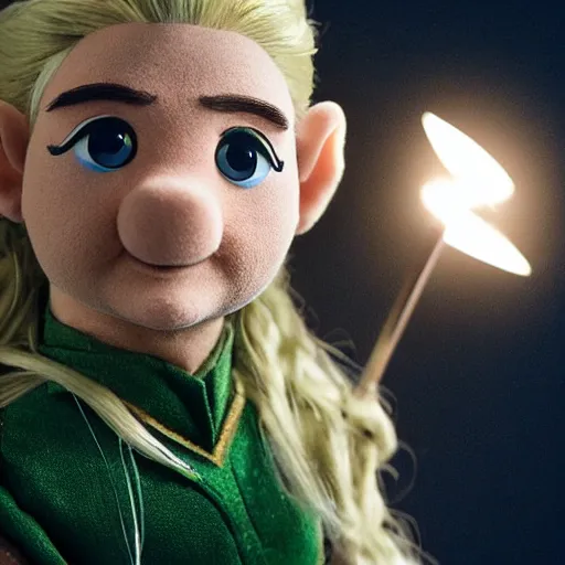 Image similar to Legolas depicted as a muppet, photography, cinematic lighting, close up shot