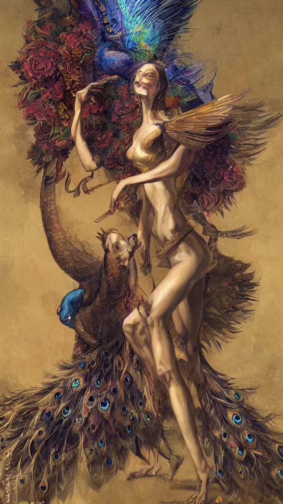 Prompt: painting of a beautiful rendition of the mythical adramelech, fabulous servant of lucifer, with the body of a man, the head of a donkey, and a peacock tail, illustration, artistic, colorful, hyper detailed, in the style of greg rutkowski,
