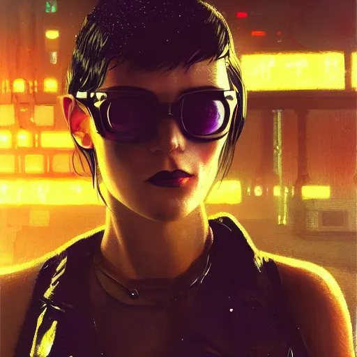 Prompt: molly millions, closeup portrait of a trained cyberpunk assassin, beauty, sunglasses, shag haircut, megacity background, gorgeous view, sunset, film noir, promotional art, neuromancer, ghost in the shell, blade runner, dystopia, depth, painted by seb mckinnon, painted by greg rutkowski, digital art, trending on artstation