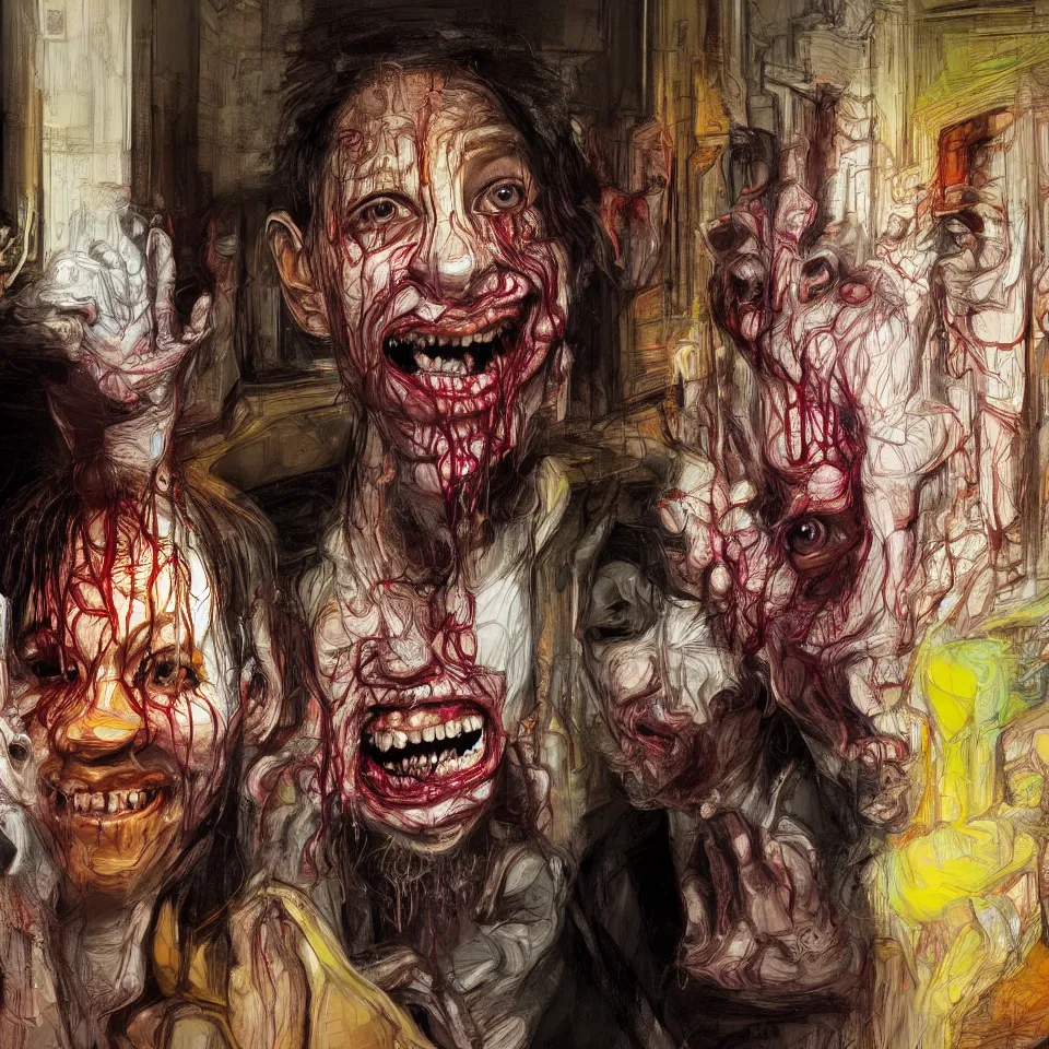 Image similar to bright realistic chabad cult smiling franticly, old apartment, rotten flesh, diffuse lighting, fantasy, intricate, elegant, highly detailed, lifelike, photorealistic, digital painting, artstation, illustration, concept art, smooth, sharp focus, art by francis bacon and jenny saville