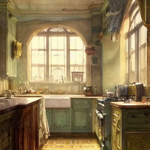 Image similar to a beautifull intricate watercolour painting of a kitchen, reflexions, verry high details by william turner art, greg rutkowski and alphonse mucha, trending on artstation, very very detailed, masterpiece, muted colors