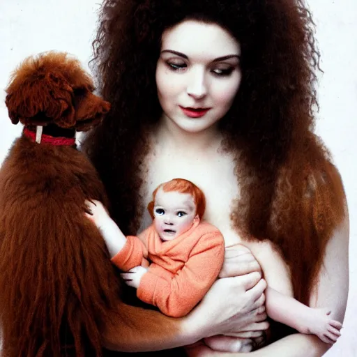 Image similar to a beautiful pale woman with orange hair holding both a curly headed baby boy and also a brown poodle, in the style of salvador dahli