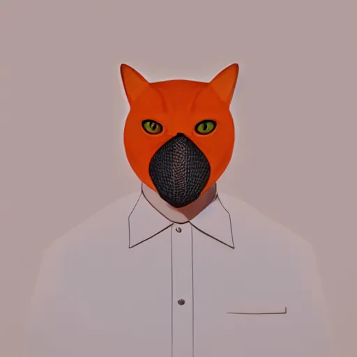 Image similar to high quality picture of a man in a suit wearing a latex mask of a sly looking orange/white tabby cat on a dark bg, lit from below by James Jean, natural lighting