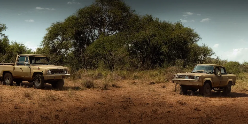 Image similar to A 4x4 pickup truck in the Savana, Extreme wide shot, matte painting