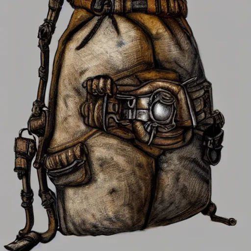 Image similar to close-up of medieval bags attached to belt, small bags made of cotton, detail, fantasy, style of Frank Frazetta, concept art, trending on artstation, Dungeon and Dragons