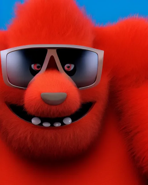 Image similar to 3 d render of completely red hairy friendly antropomorphic cartoony creature wearing chrome shades, without nose, full body, in the style of pixar, white background, unreal engine 5, octane render, highly detailed hdr