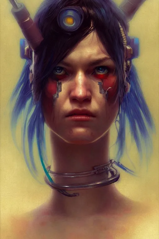 Prompt: full character portrait max mad cyberpunk, cyberpunk solider girl character design, final fantasy face, painting by gaston bussiere, katsuya terada, nc wyeth, greg rutkowski, craig mullins, vermeer, trending on artstation, jeffery catherine jones