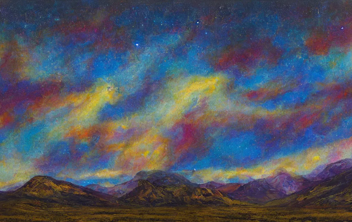 Prompt: Realist colorful impasto painting of the Salmon River mountain valley at midnight by John Harris, stars and galaxies in the dark sky, 4k scan, oil on canvas, visible brushstrokes