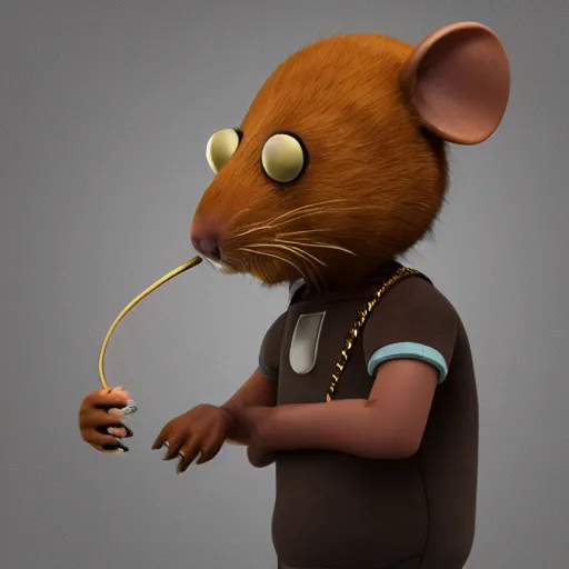 Prompt: rat gangster wearing headphones, brown fur, wearing a gold chain, smoking a blunt, bad rats, anthropomorphic, 3d render, blender, 4k