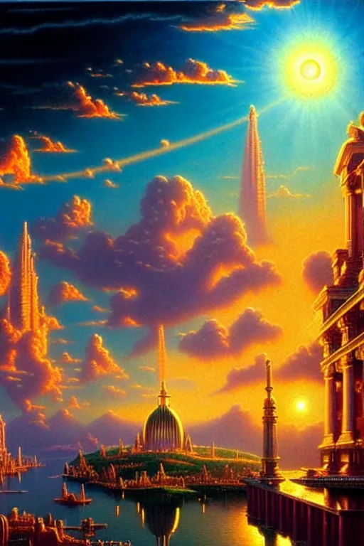 Prompt: a photorealistic detailed cinematic image of a beautiful vibrant iridescent future for human evolution, spiritual science, divinity, utopian, cumulus clouds, ornate architecture, isometric, by david a. hardy, kinkade, ishka lha, wpa, public works mural, socialist