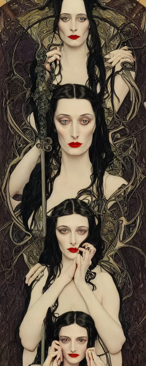 Image similar to stunning hyperdetailed art nouveau portrait of eva green wednesday addams and anjelica huston as the mythological 3 witches, by chris achilleos, michael kaluta and alphonse mucha, photorealism, extremely beautiful, perfect symmetrical facial features, perfect anatomy, strong confident eyes, eldritch powers, witchcraft, magic energy