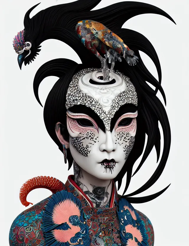 Image similar to 3 d goddess close - up profile portrait punk with mohawk with ram skull. beautiful intricately detailed japanese crow kitsune mask and clasical japanese kimono. betta fish, jellyfish phoenix, bio luminescent, plasma, ice, water, wind, creature, artwork by tooth wu and wlop and beeple and greg rutkowski