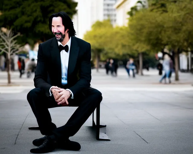 Image similar to photo of happy keanu reeves in jeans and black tux jacket sitting on a bench in the street. dof. lifelike. ultra detailed. intricate. soft light. nikon d 8 5 0.