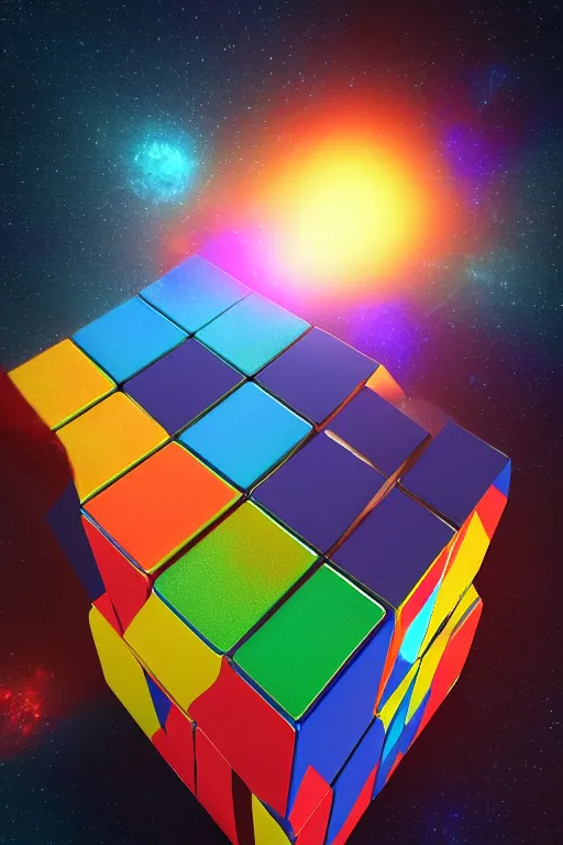 Image similar to cosmic parallel universe rubik's cube tesseract with wormholes, energy and galaxies around it. epic, dramatic, cinematic, digital art, octane render, blender, 8 k, hyperrealistic, trending on artstation