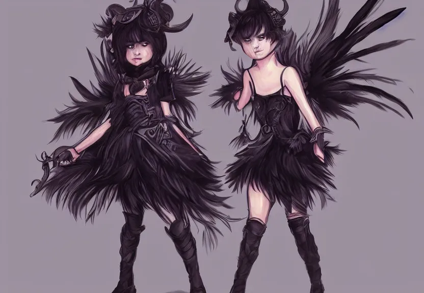 Prompt: little girl with a short black haircut wearing a dress made of black feathers, artwork in league of legends art style, anatomically perfect