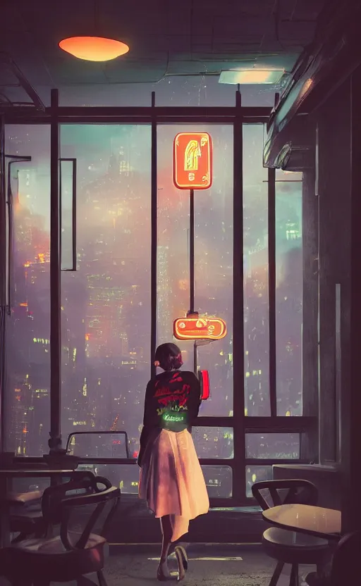 Image similar to vertical movie frame portrait of girl in 5 0's retro restaurant interior, neon - decorated urban on night in the city seen through the window, modern interior design, architectural design, vintage, night blade runner, dark, postapocalyptic, clean lines, 4 k, octane, asian futuristic city at distance, big windows, octane, wide angle