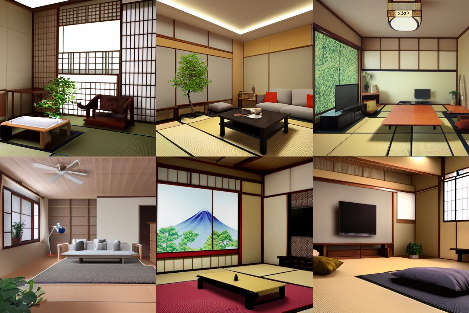 Prompt: japanese livingroom photorealistic, super realistic, comfy, render, 3 d