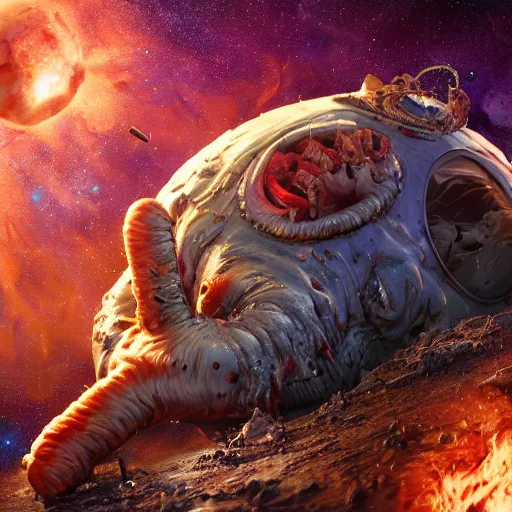 Image similar to one eldritch horror bloody garfield in space, galaxy, hd, 8 k, giant, epic, realistic photo, unreal engine, stars, prophecy, powerful, cinematic lighting, destroyed planet, debris, violent, sinister, ray tracing, dynamic, print, epic composition, dark, horrific, teeth, grotesque, scary, monochrome drawing