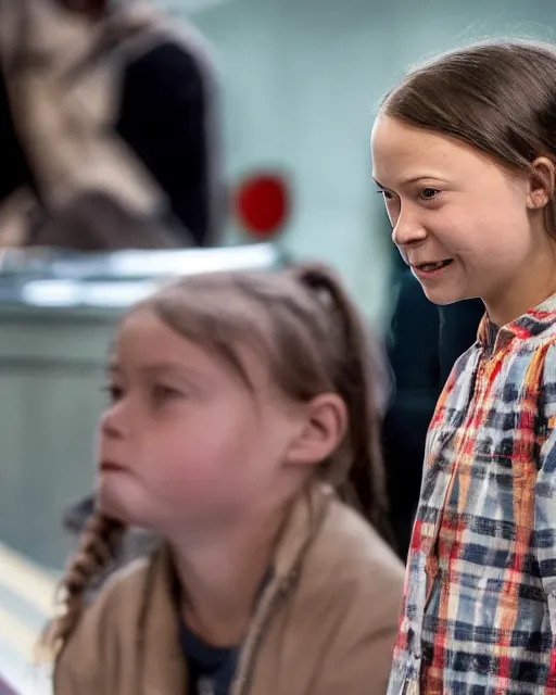 Image similar to film still close - up shot of greta thunberg giving a speech in a train station eating raw meat smiling its. photographic, photography