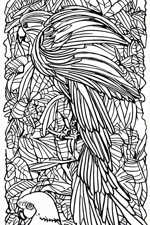 Prompt: parrot ink drawing line art colouring page