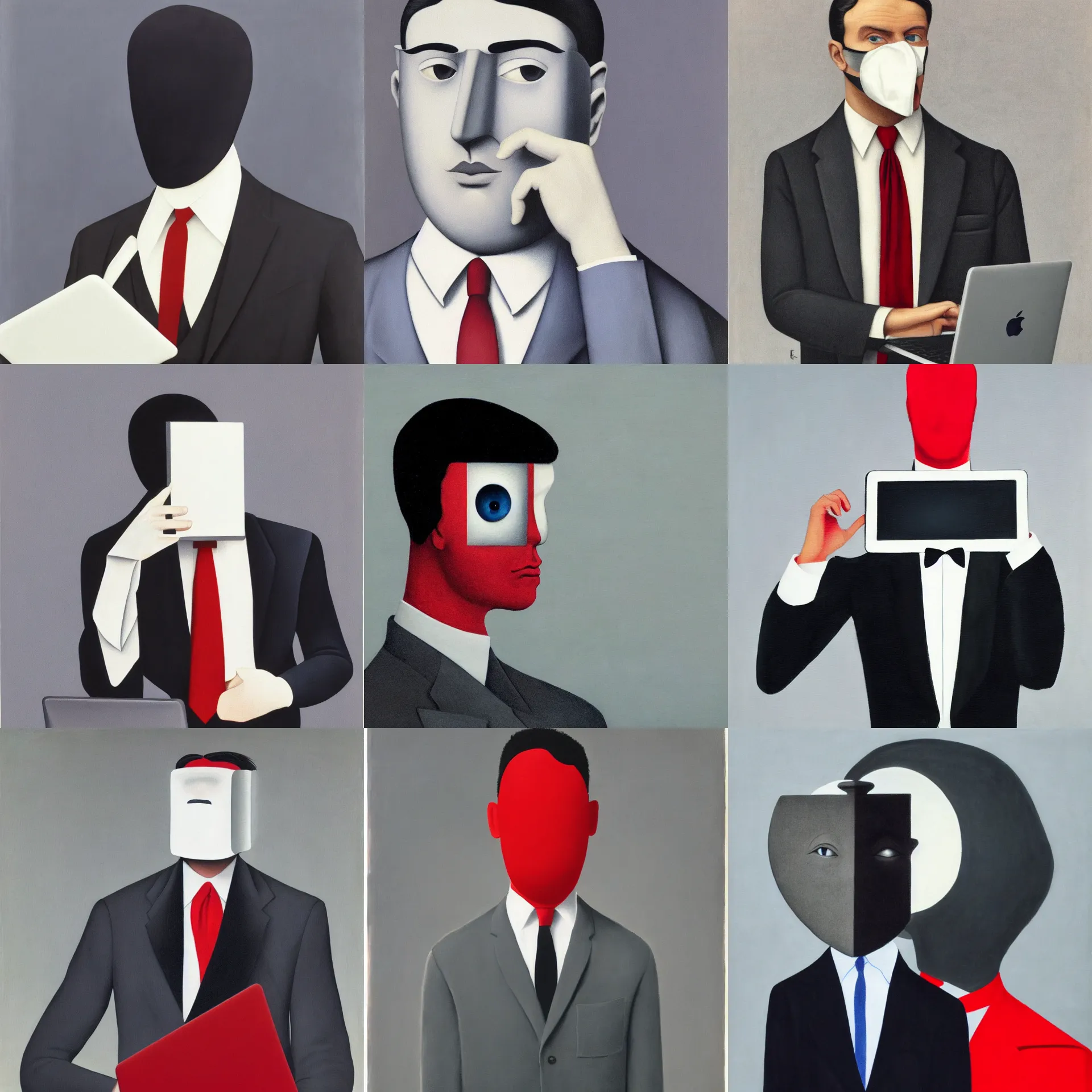 Prompt: front view portrait of a man with a macbook tablet covering his face, wearing dark grey suit, white shirt, red tie, black pants, blue / grey background, painted by rene magritte