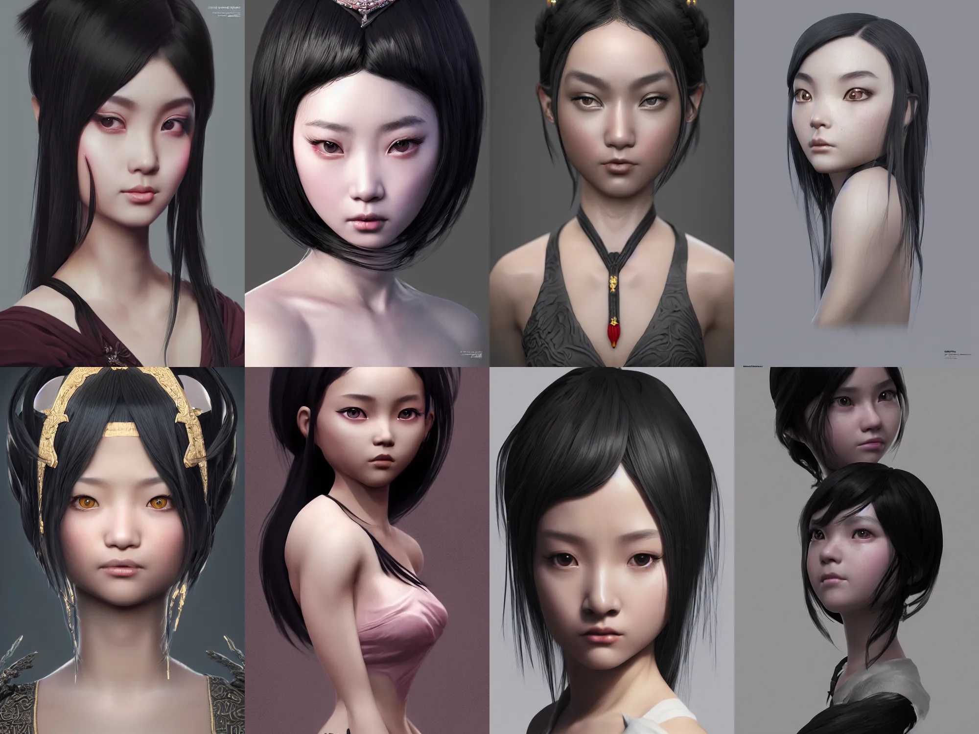 Prompt: Zbrush sculpt colored, Octane render in Maya and Houdini VFX, young chinese princess, black silky hair, black stunning deep eyes. By ilya kuvshinov, krenz cushart, Greg Rutkowski, trending on artstation. Amazing textured brush strokes. Cinematic dramatic soft volumetric studio lighting