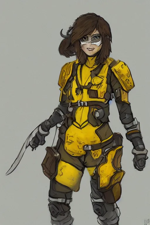 Prompt: female adventurer in tight full - body soft yellow sticky note armor and a white porcelain crow mask, trending in artstation, japanese, artstation, establishing shot